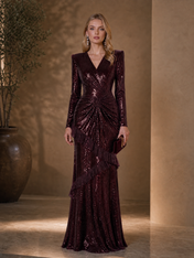 Burgundy Sequin V-Neck Long Sleeve Floor-Length Evening Dress