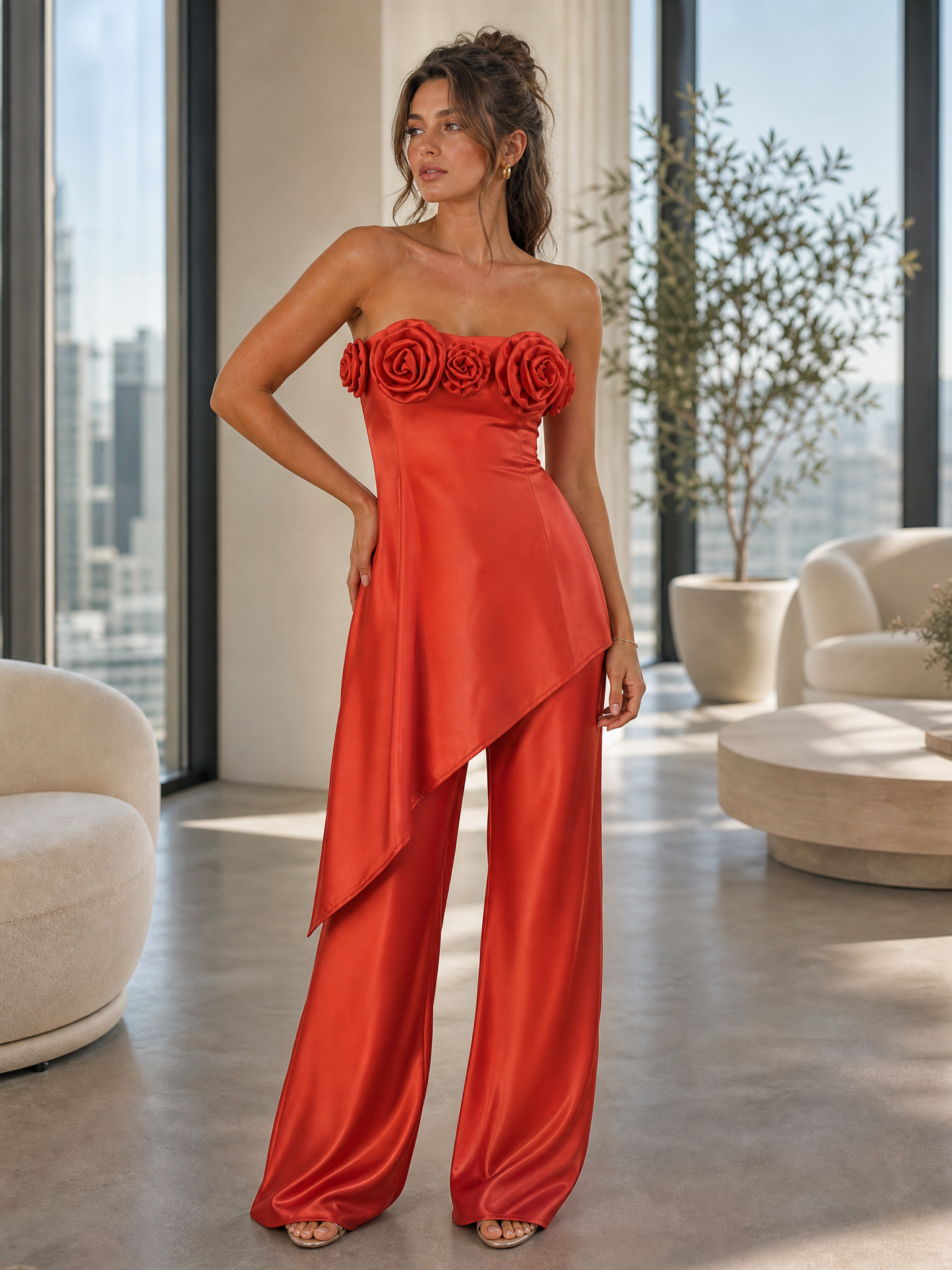 Red Rose Embellished Strapless Top and Wide-Leg Pants Set