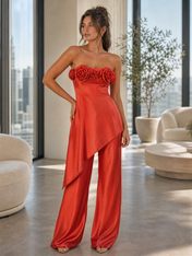 Red Rose Embellished Strapless Top and Wide-Leg Pants Set