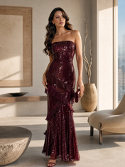 Burgundy Sequin Strapless Floor-Length Gown Dress