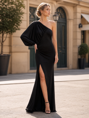 Black Pleated One-Shoulder High-Slit Floor-Length Gown Dress