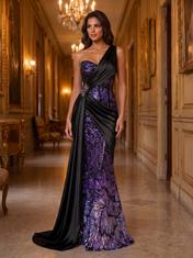 Purple Sequin Satin One-Shoulder Mermaid Floor-length Gown Dress
