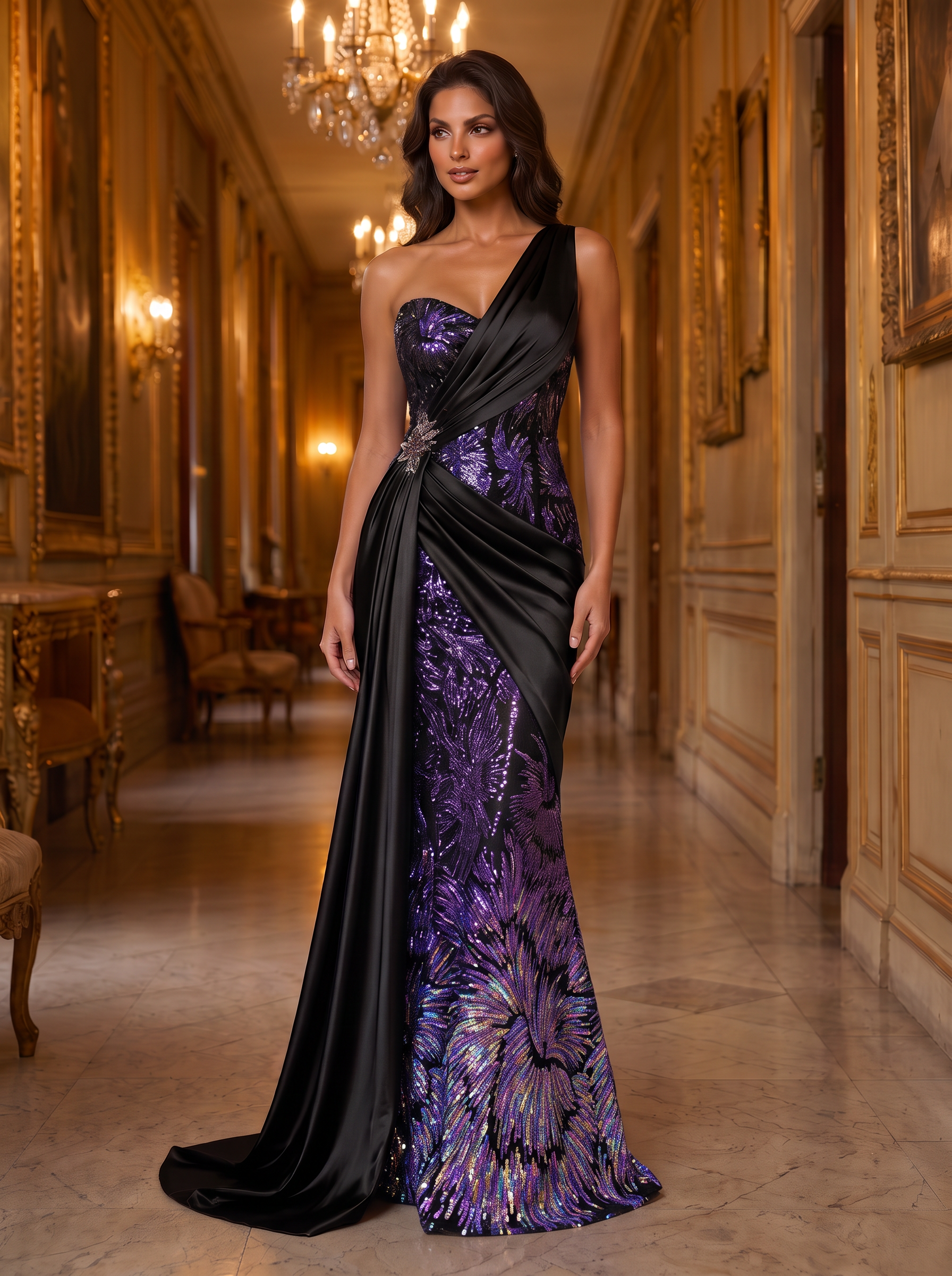 Purple Sequin Satin One-Shoulder Mermaid Floor-length Gown Dress