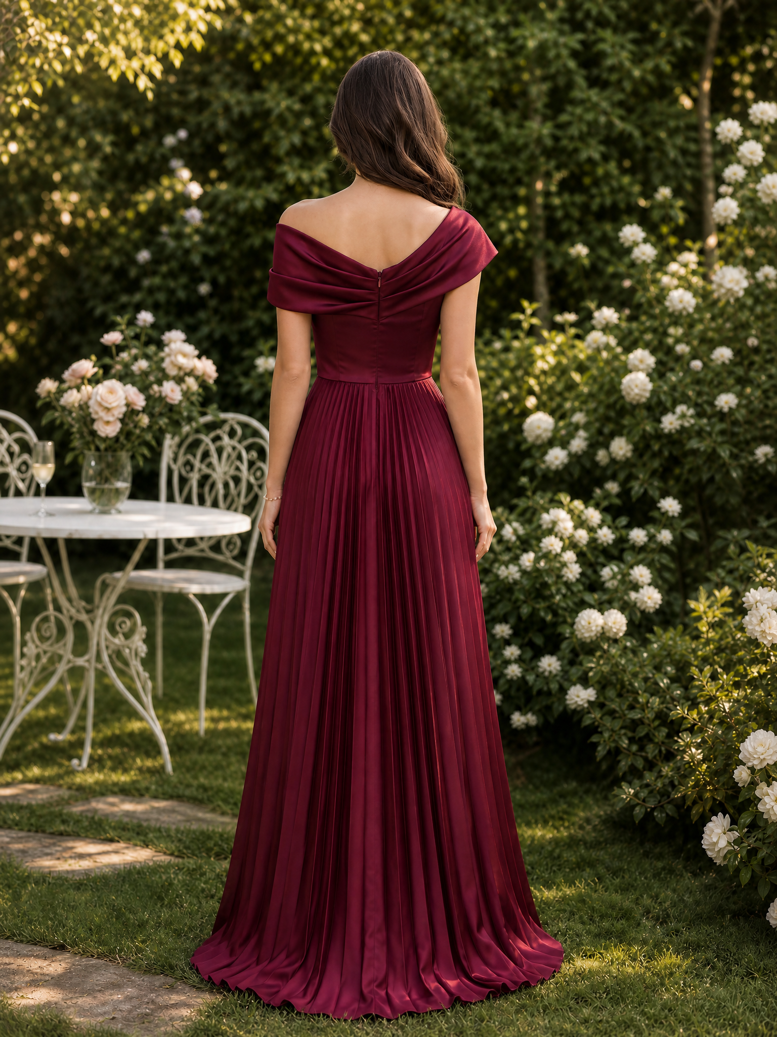 Burgundy Off-The-Shoulder Pleated Draped Split A-Line Floor-Length Gown Dress