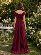 Burgundy Off-The-Shoulder Pleated Draped Split A-Line Floor-Length Gown Dress