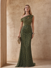 One-Shoulder Olive Green Beaded Lace Evening Dresses with Draped Bodice and Trumpet Skirt