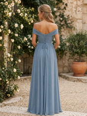 Dusty Blue Pleated Off-The-Shoulder High-Slit Floor-Length Gown Dress