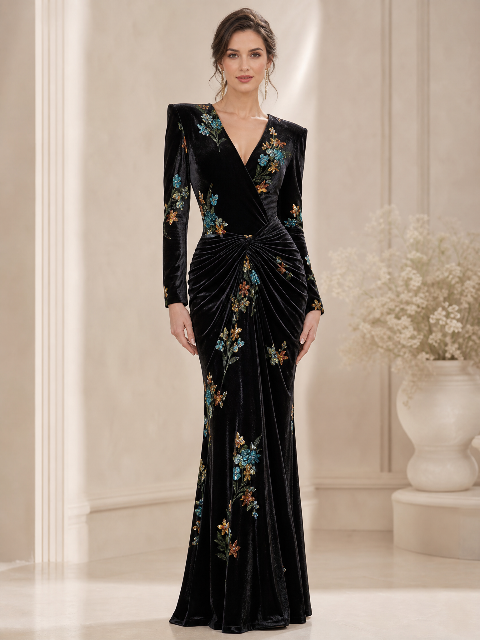 Black Embroidered Floral Velvet Long-Sleeve Mermaid Floor-Length Gown Dress