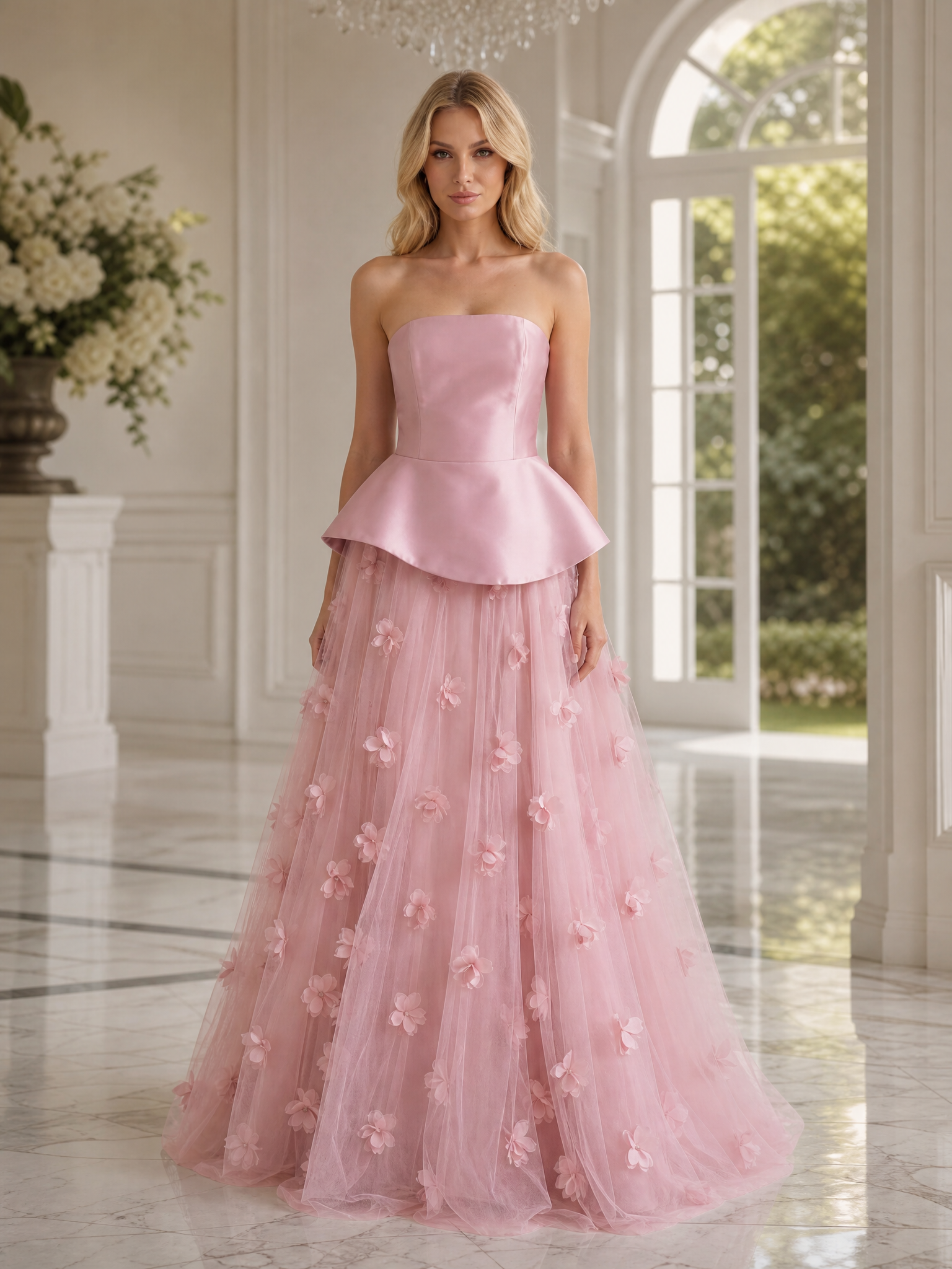 Blush Pink 3D Floral Strapless Peplum Floor-Length Gown Dress