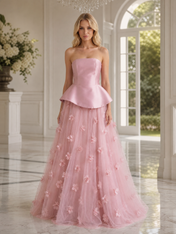 Blush Pink 3D Floral Strapless Peplum Floor-Length Gown Dress