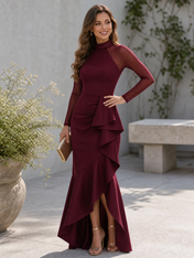 Burgundy Mock Neck Long Sleeve Ruffle Mermaid Floor-Length Gown Dress