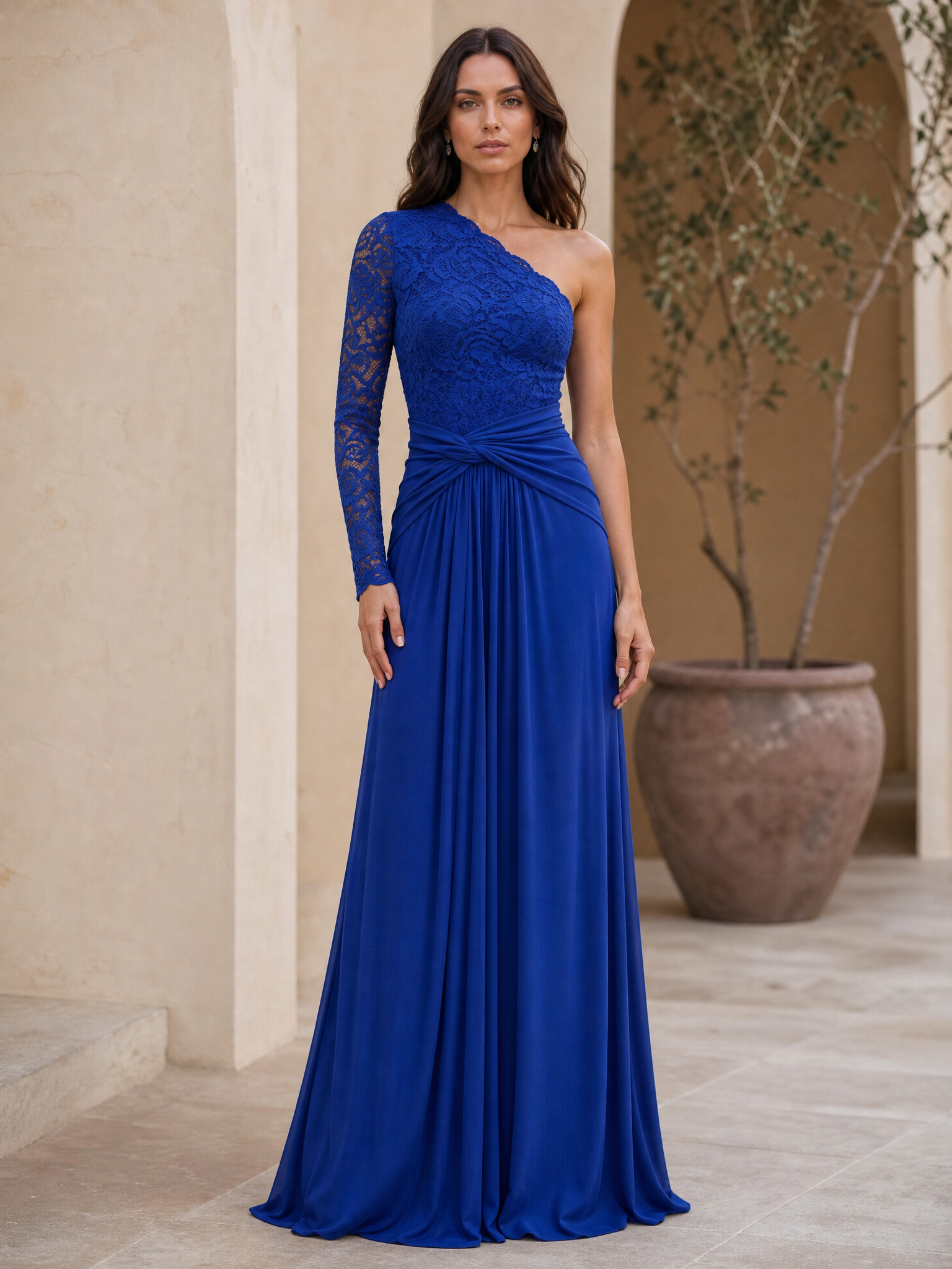 Royal Blue One-Shoulder Lace Chiffon Floor-Length Gown Dress