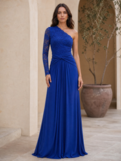 Royal Blue One-Shoulder Lace Chiffon Floor-Length Gown Dress