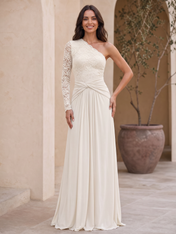 Royal Blue One-Shoulder Lace Chiffon Floor-Length Gown Dress
