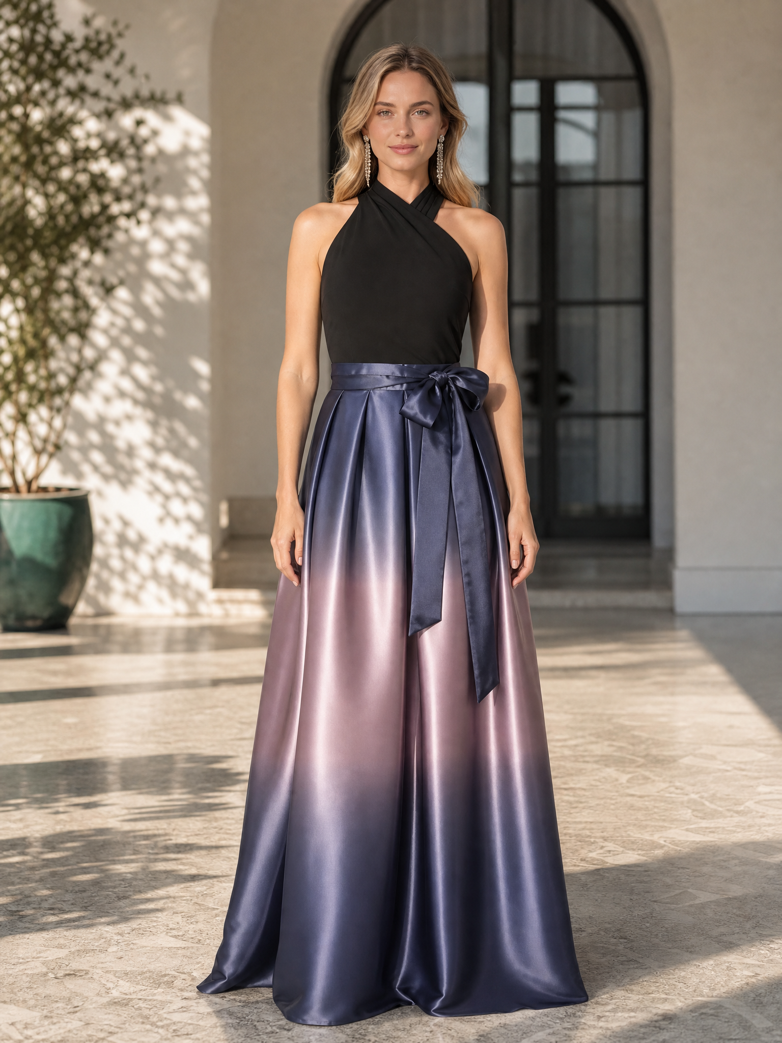 Black and Ombre Purple Halter Satin Floor-Length Gown Dress