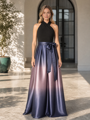 Black and Ombre Purple Halter Satin Floor-Length Gown Dress