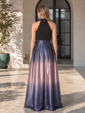 Black and Ombre Purple Halter Satin Floor-Length Gown Dress