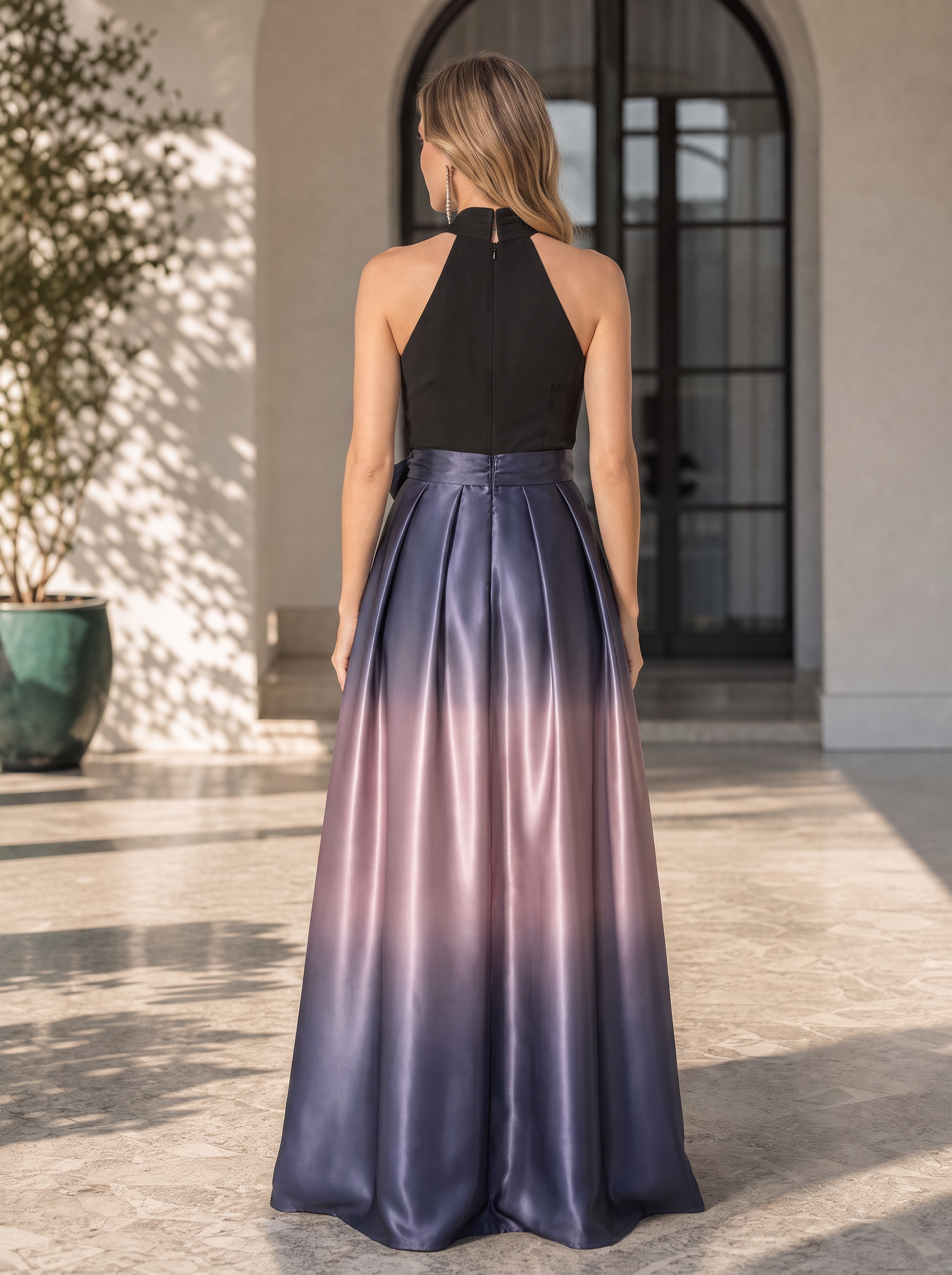 Black and Ombre Purple Halter Satin Floor-Length Gown Dress