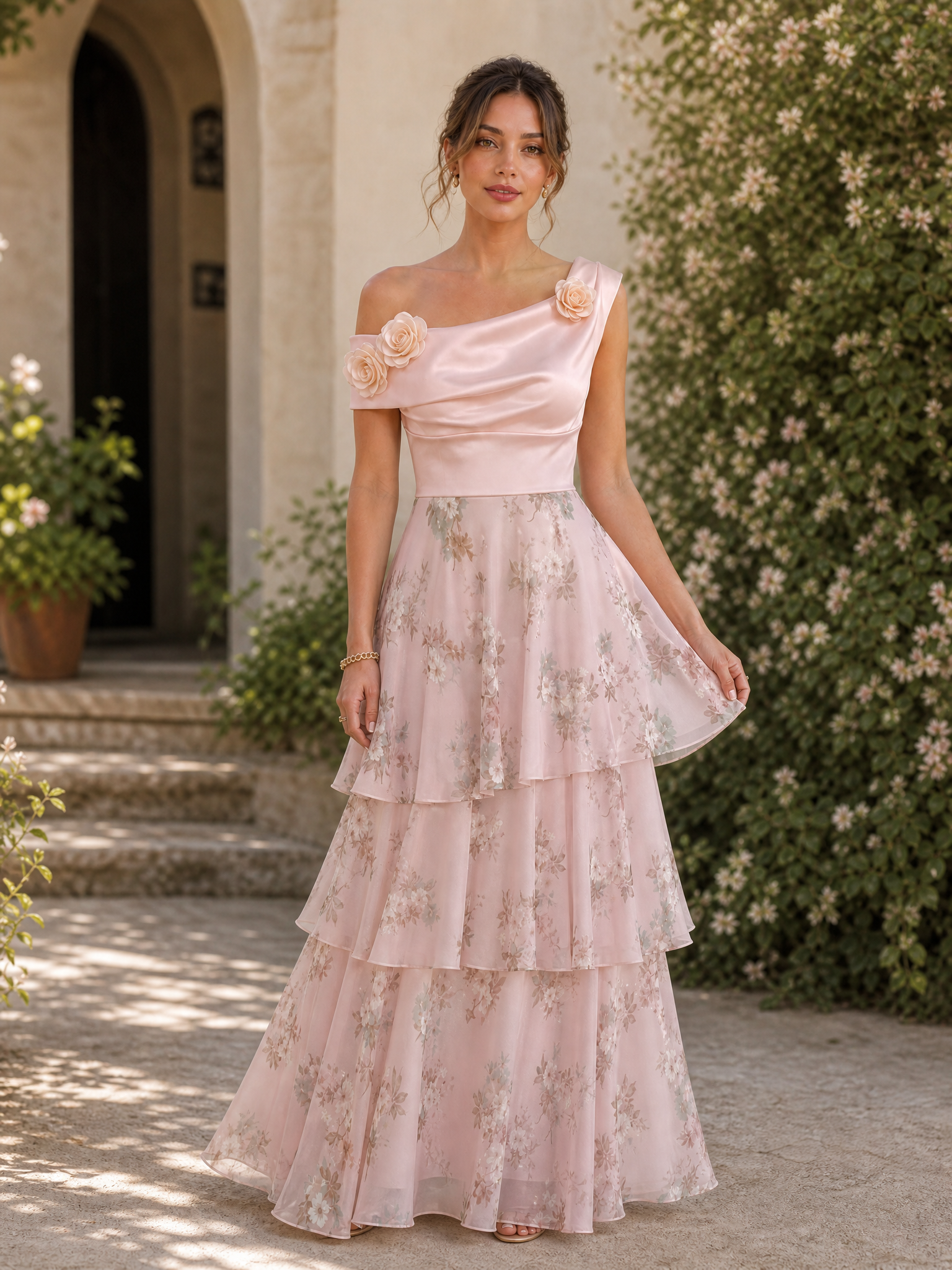 Blush Pink One-Shoulder Floral Chiffon Tiered Floor-Length Gown Dress