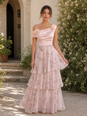 Blush Pink One-Shoulder Floral Chiffon Tiered Floor-Length Gown Dress