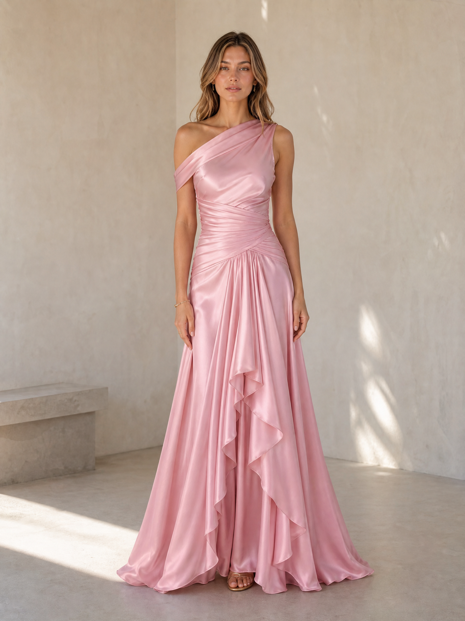 Pink One-Shoulder Draped Ruffle A-Line Floor-Length Gown Dress