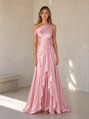 Pink One-Shoulder Draped Ruffle A-Line Floor-Length Gown Dress