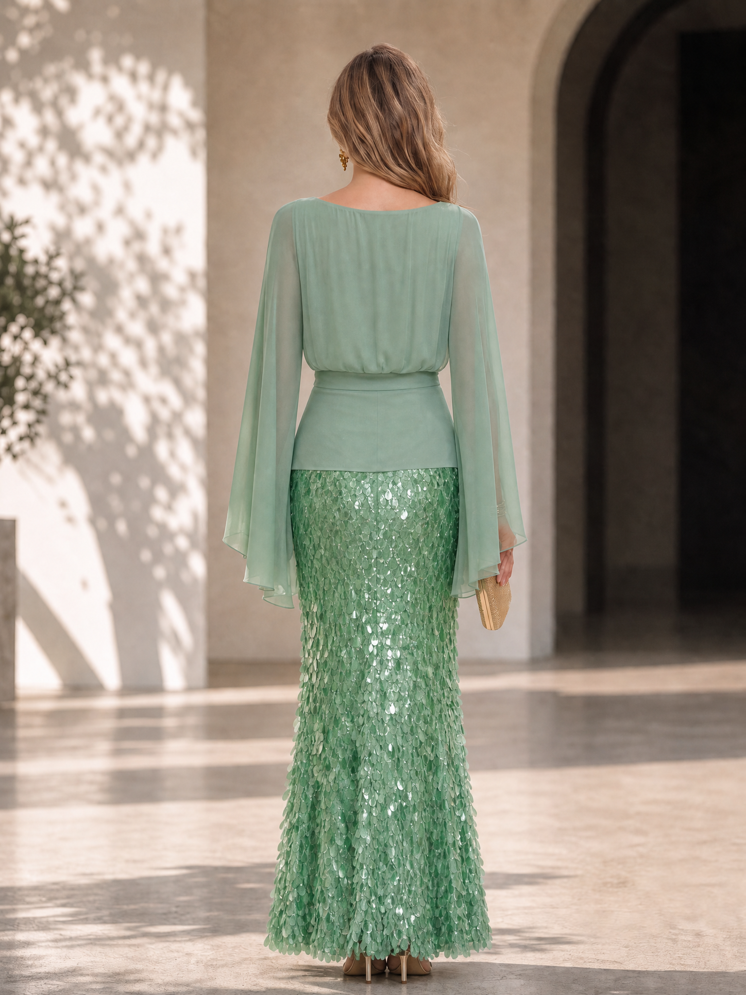 Sage Green Boat Neck Floral Sequin Floor-Length Gown Dress