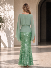 Sage Green Boat Neck Floral Sequin Floor-Length Gown Dress