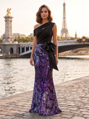 Purple and Black Sequin Mesh One-Shoulder Bow Sashing Column Floor-Length Gown Dress