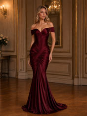 Burgundy Off-The-Shoulder Ruched Mermaid Floor-Length Gown Dress