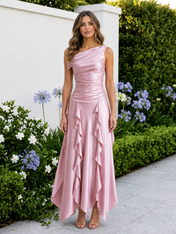 Pink One-Shoulder Ruffle A-Line Floor-Length Gown Dress