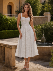White Sweetheart Lace A-Line Midi-Length Gown Dress