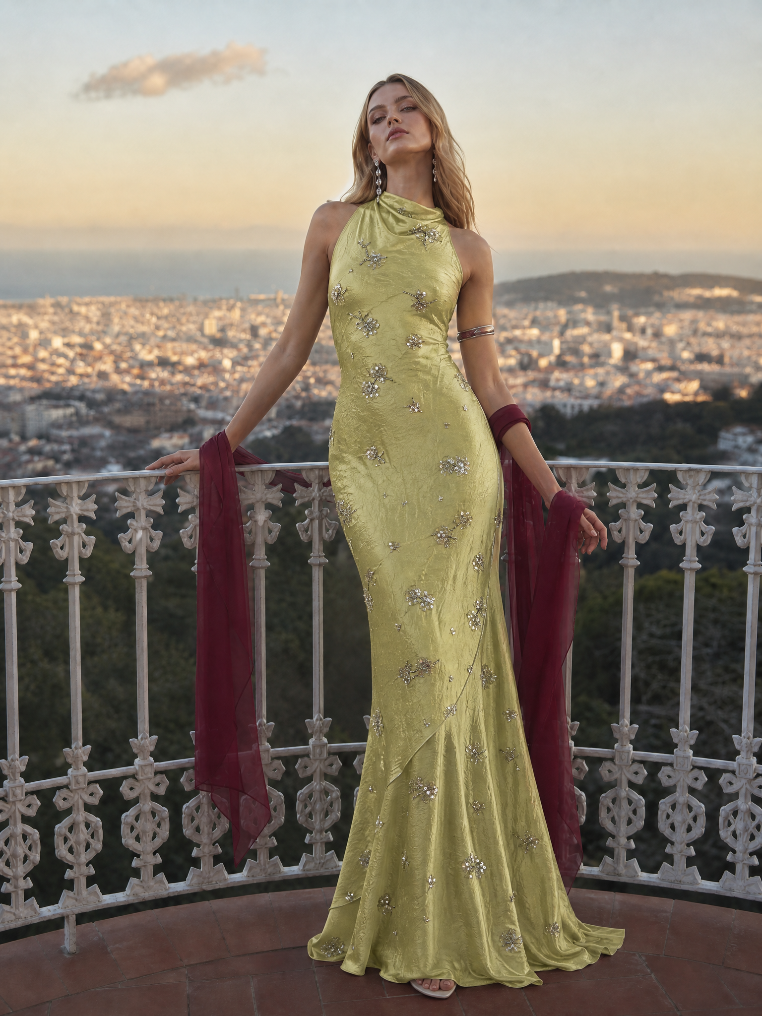 Halter Neck Chartreuse Green Beaded Sequin Evening Dresses with Cowl Front and Flowing Sash