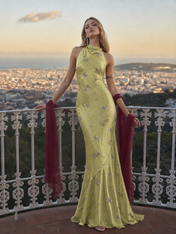 Halter Neck Chartreuse Green Beaded Sequin Evening Dresses with Cowl Front and Flowing Sash