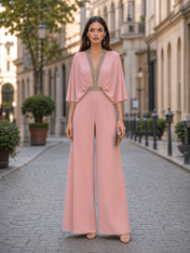Dusty Rose V-Neck Beaded Capelet Wide-Leg Jumpsuit