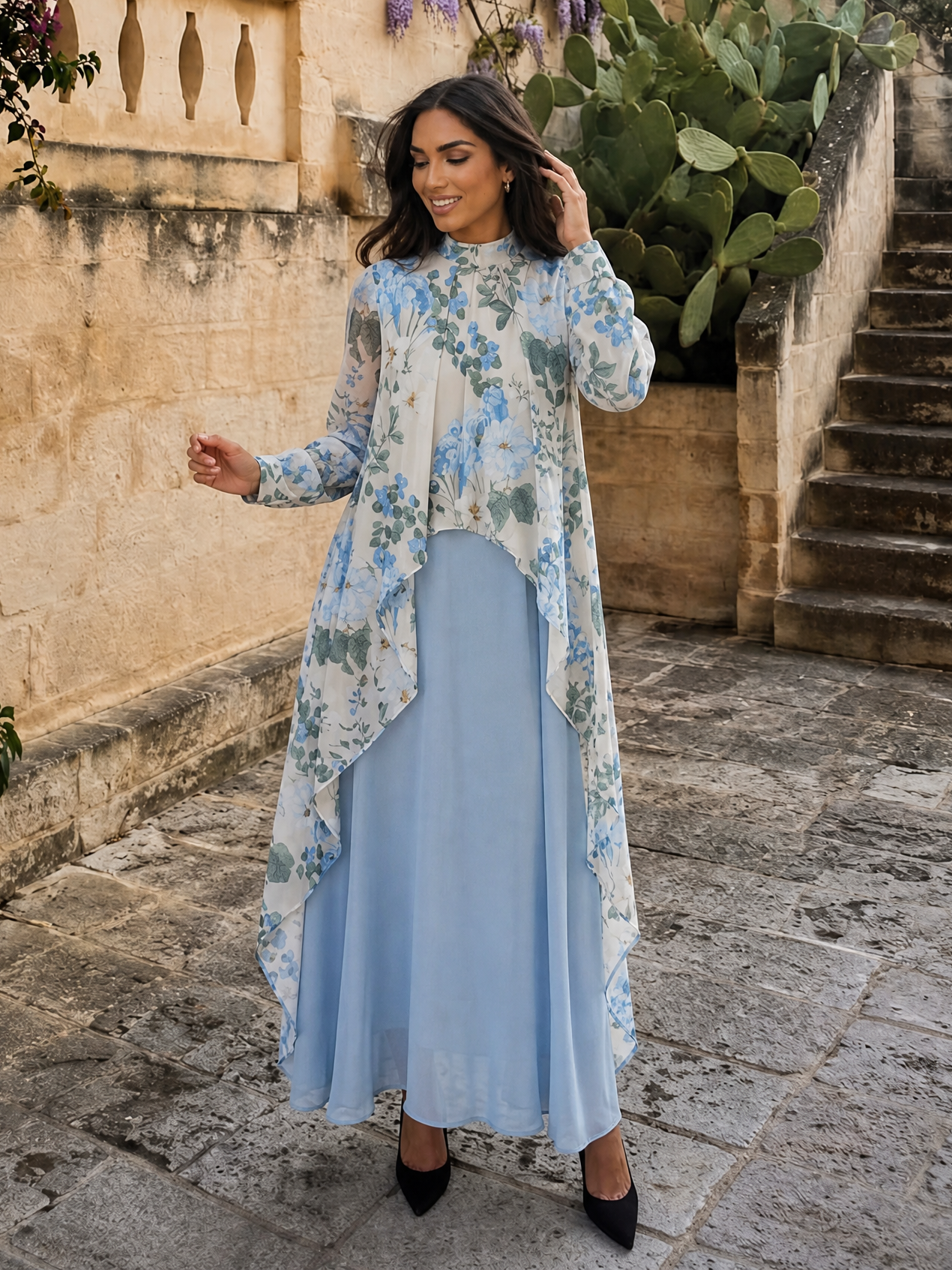 Light Blue Floral Chiffon Mock Neck Long Sleeve Layered Floor-Length Gown Dress