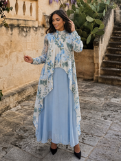 Light Blue Floral Chiffon Mock Neck Long Sleeve Layered Floor-Length Gown Dress