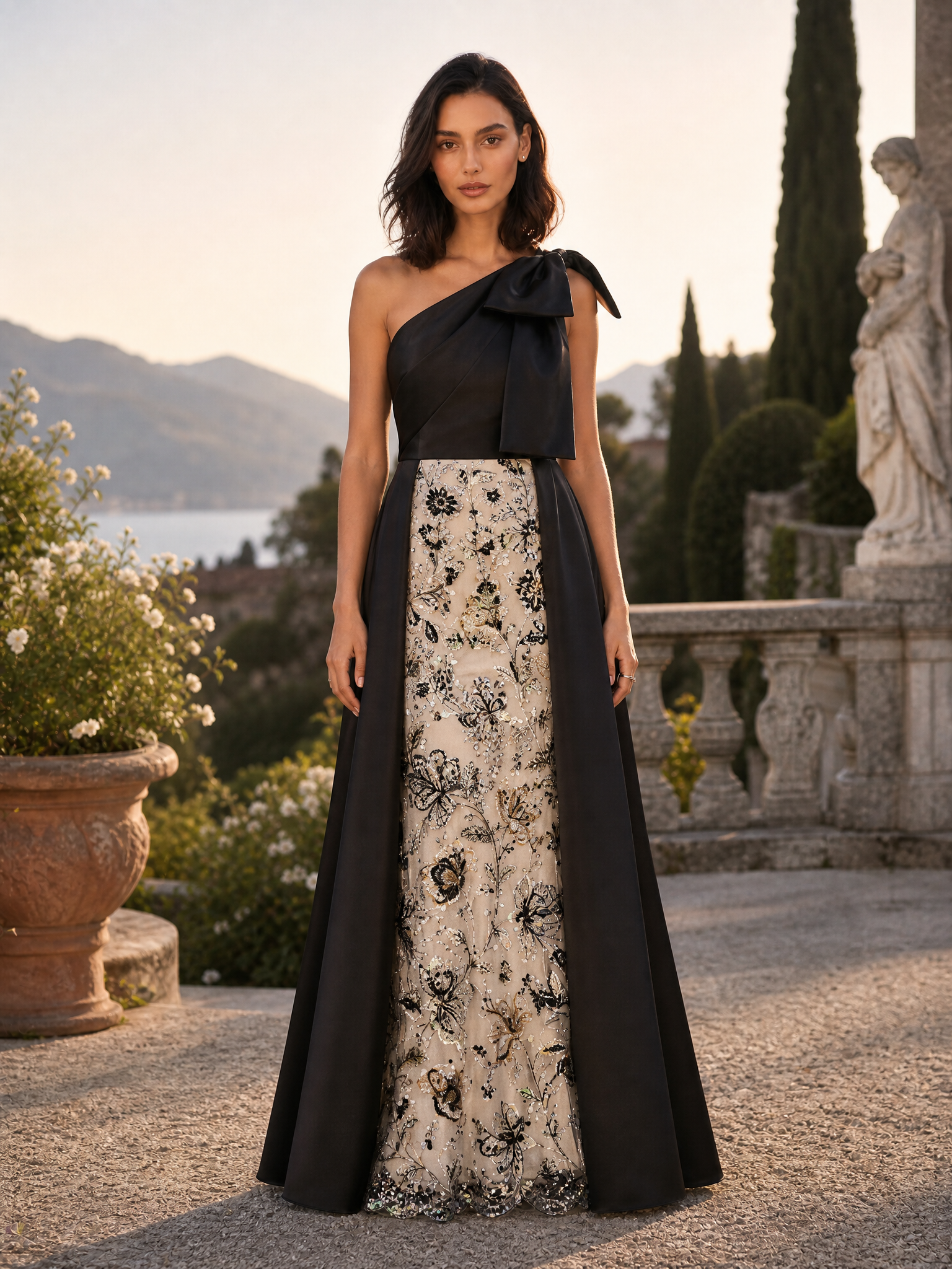 Black One-Shoulder Bow Embellished Embroidered A-Line Floor-Length Gown Dress