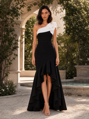 Black and White One-Shoulder Ruffle A-line Floor-Length Gown Dress