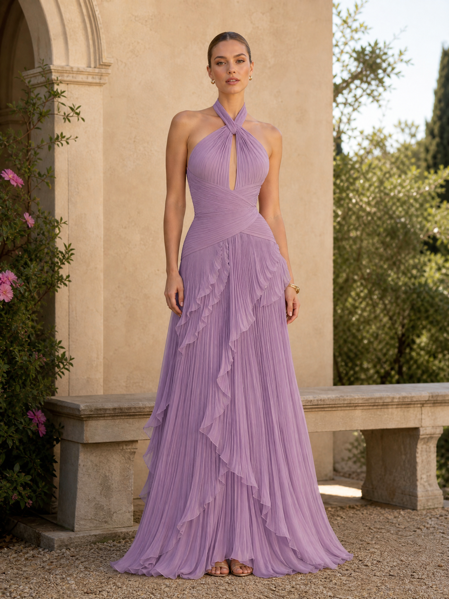 Lavender Halter Neck Sleeveless Pleated Ruffled A-Line Floor-Length Gown Dress