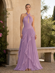 Lavender Halter Neck Sleeveless Pleated Ruffled A-Line Floor-Length Gown Dress