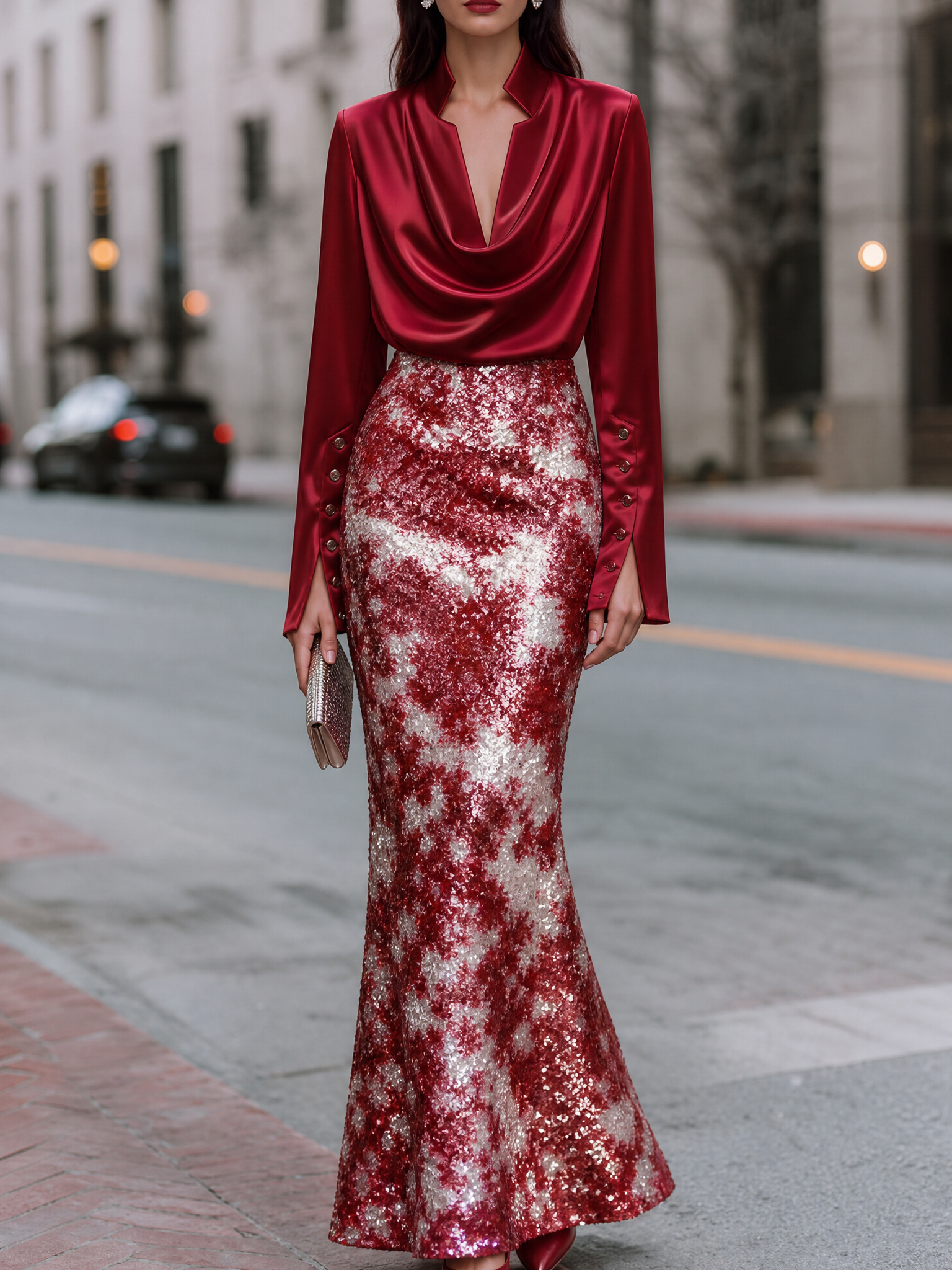 Ruby Red Cowl Neck Long Sleeve Sequined Tie-Dye Sheath Floor-Length Gown Dress