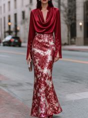 Ruby Red Cowl Neck Long Sleeve Sequined Tie-Dye Sheath Floor-Length Gown Dress