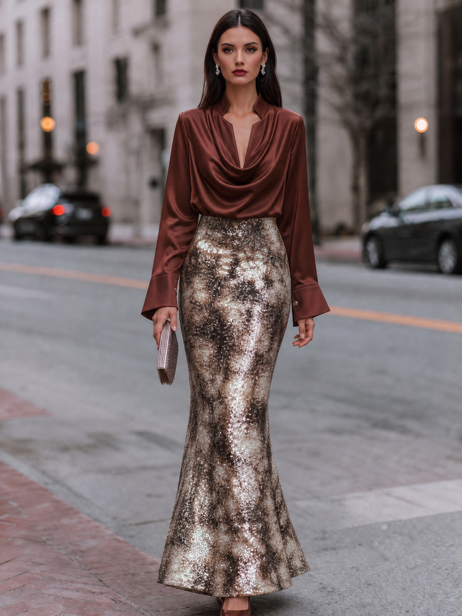 Ruby Red Cowl Neck Long Sleeve Sequined Tie-Dye Sheath Floor-Length Gown Dress