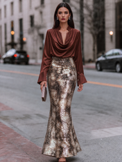 Ruby Red Cowl Neck Long Sleeve Sequined Tie-Dye Sheath Floor-Length Gown Dress