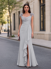 Silver Grey Cowl Neck Sleeveless 3D Floral Draped Split Sheath Floor-Length Gown Dress