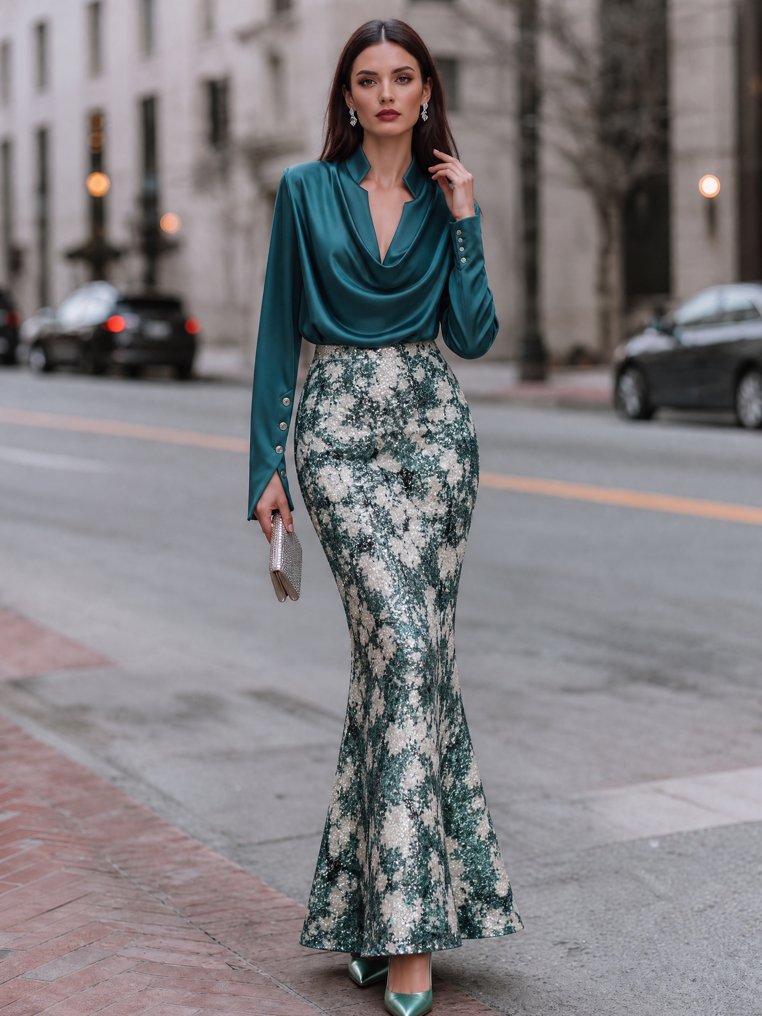 Ruby Red Cowl Neck Long Sleeve Sequined Tie-Dye Sheath Floor-Length Gown Dress