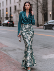 Ruby Red Cowl Neck Long Sleeve Sequined Tie-Dye Sheath Floor-Length Gown Dress