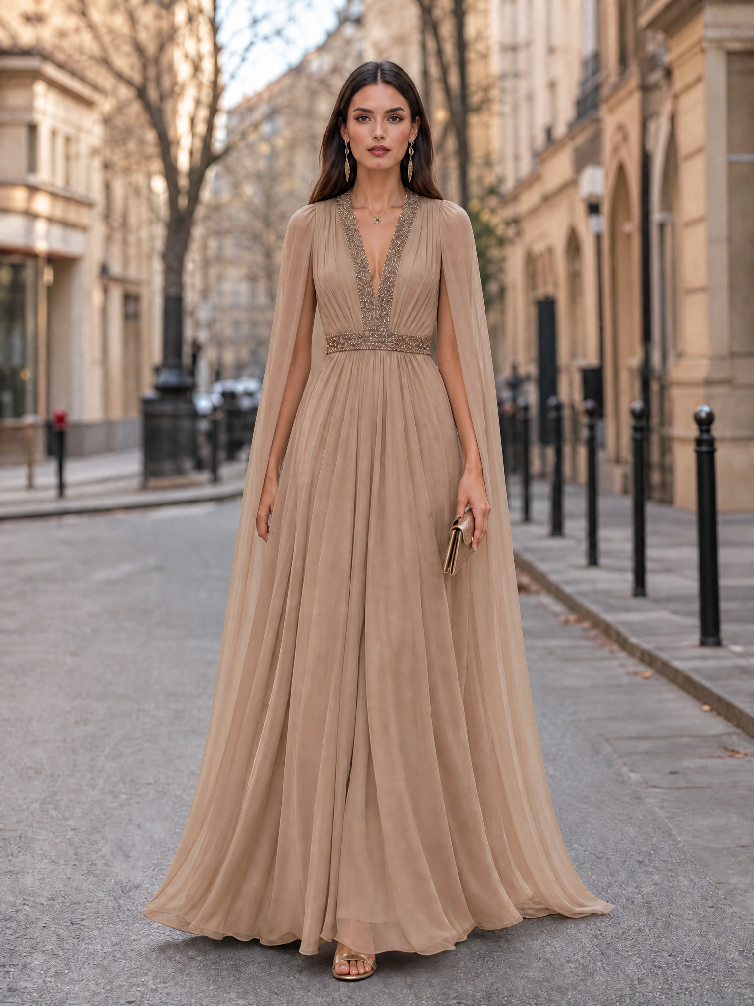 Champagne V-Neck Cape Sleeve Beaded A-Line Floor-Length Gown Dress