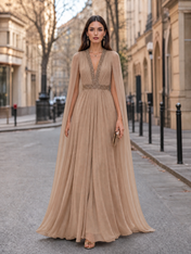 Champagne V-Neck Cape Sleeve Beaded A-Line Floor-Length Gown Dress